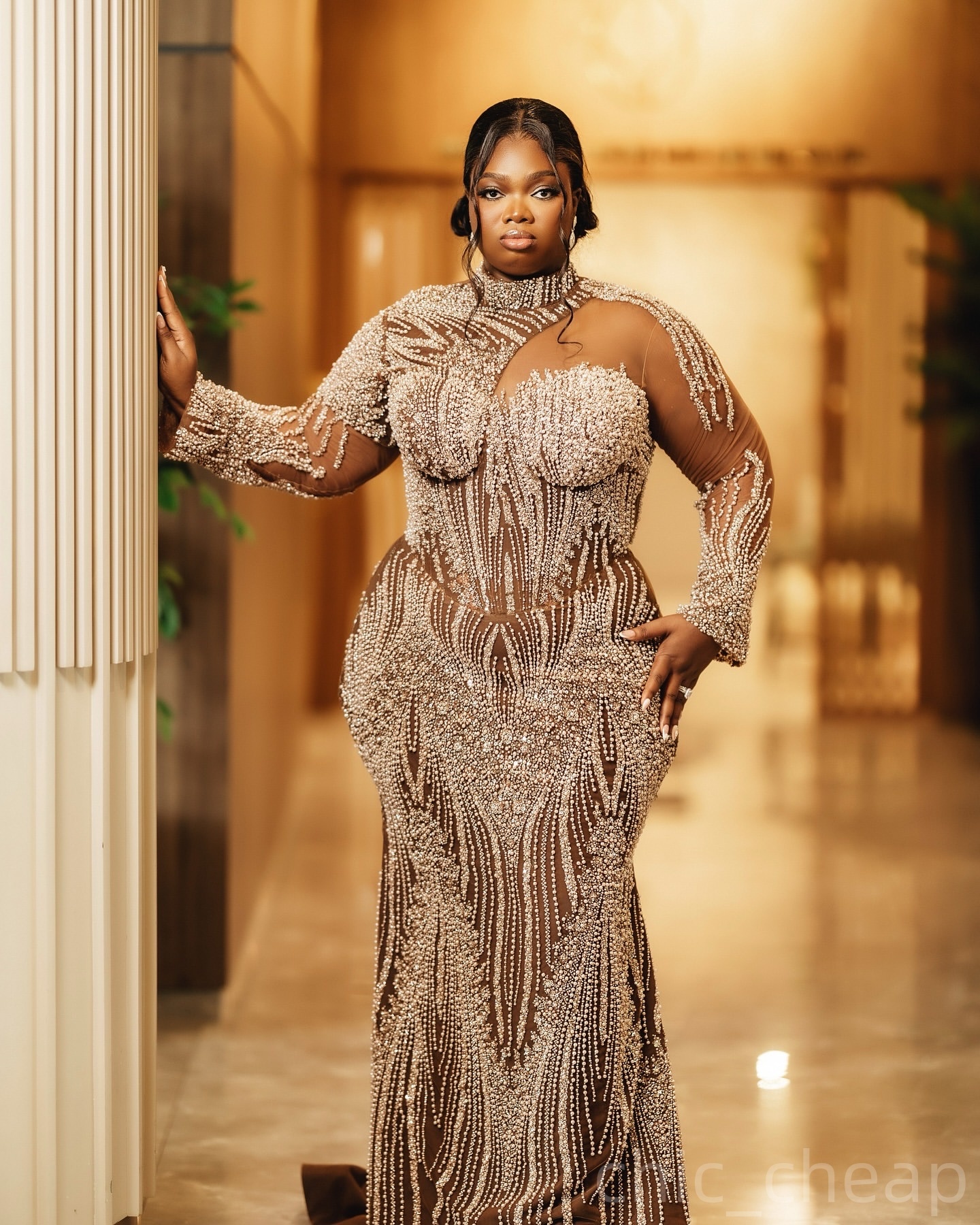 Brown Mermaid Prom Dresses 2025 Sequined Full Sleeves Illusion Evening Formal Party Second Birthday Engagement Gowns Plus Size Dress For Special Occas