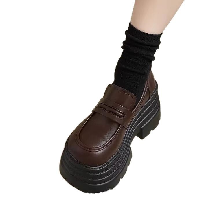 Ddmysports New Spring Summer Thick Soled Chunky Heel British Style Women S Slip On Loafers Black Leather Shoes Outdoor Shoes
