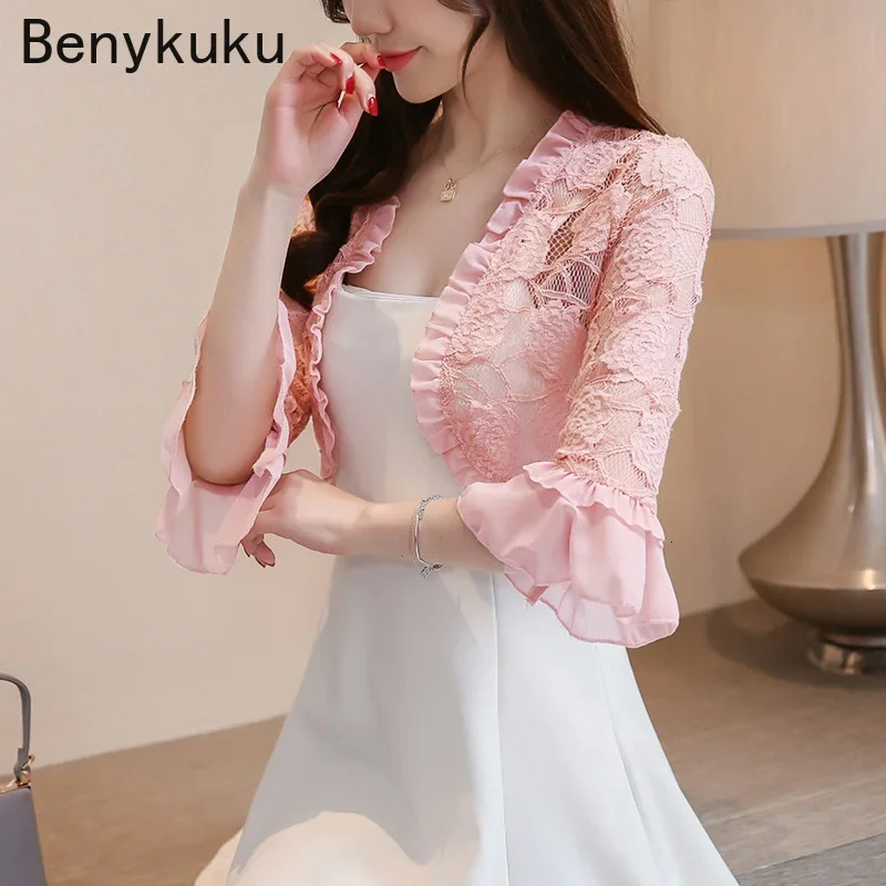 Sweet Pink Lace Bolero Shrugs for Party Dress Summer Women Clothes Flare Sleeve Elegant Cardigan Top Shawls Basic Coat Jackets 250611