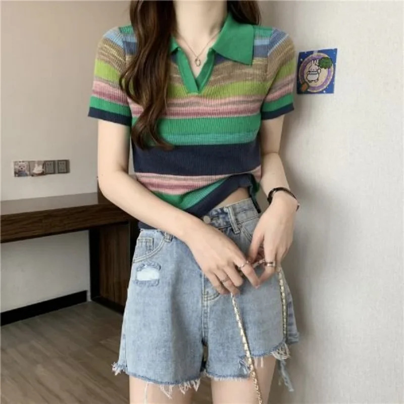 Ice Silk Knitted T-shirts Sexy Crop Top Pretty Short Sleeve Striped Womens Polo Korean Clothes Casual Lapel Female Tee 250609