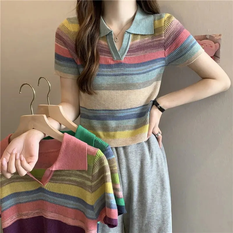 Ice Silk Knitted T-shirts Sexy Crop Top Pretty Short Sleeve Striped Womens Polo Korean Clothes Casual Lapel Female Tee 250609