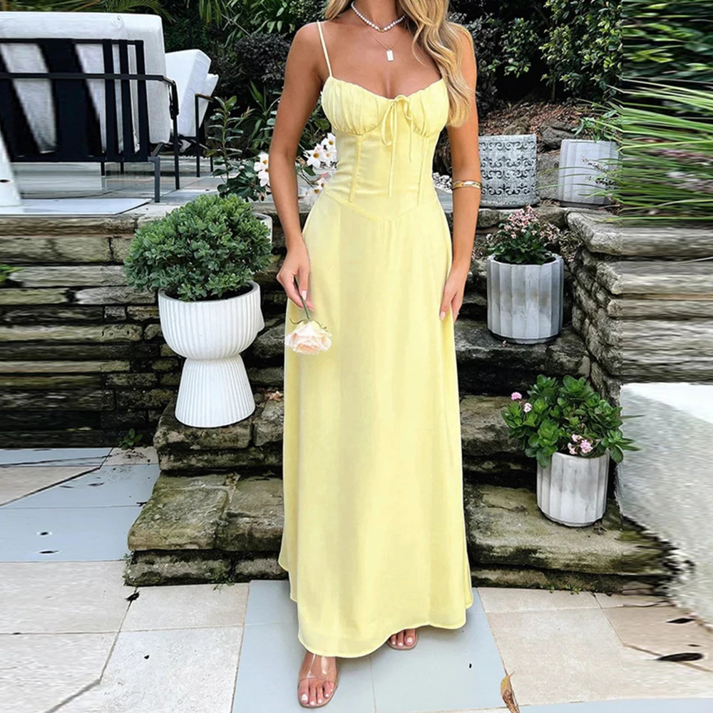 Womens Solid Spaghetti Lace Up A-Line Long Maxi Dress Summer Ladies Slim Fit Beach Holiday Vacation Sundress Size S-2XL 250613