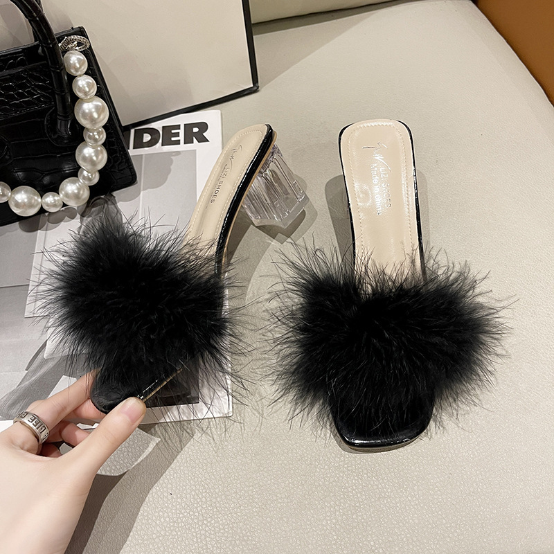 Ddmyoutdoor Ddmyoutdoor Fairy Style Furry Slippers For Women Summer Outdoor New Trendy Chunky One Strap Crystal High Heel Sandals Shoes Outdoor Shoes