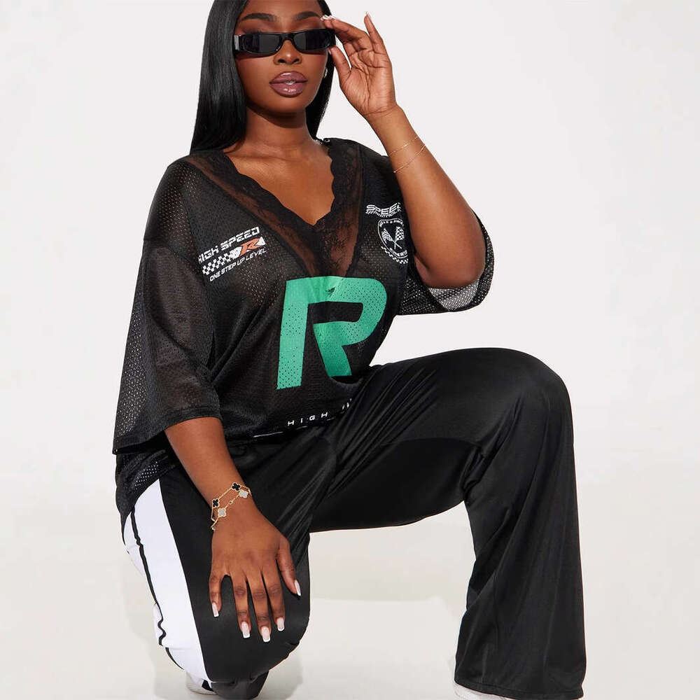 Autumn New Lace V-Neck Letter Print Casual Loose Patchwork T-Shirt Short Sleeve Women B5