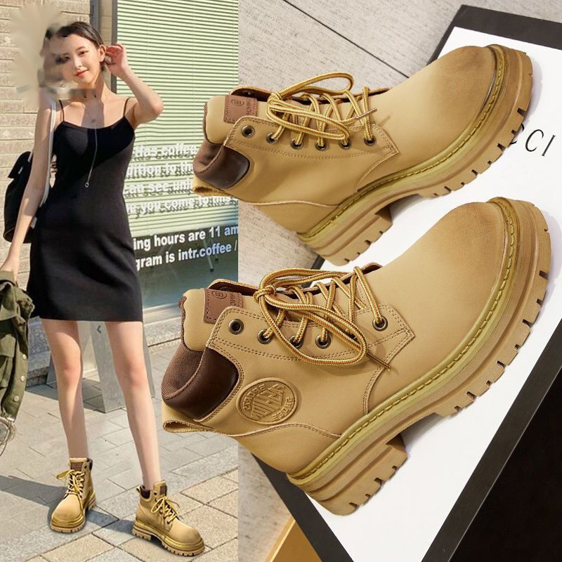 Ddmysports Autumn Winter New British Style Yellow High Appearance Versatile Martin Thick Sole Round Toe Short Boots Outdoor Shoes