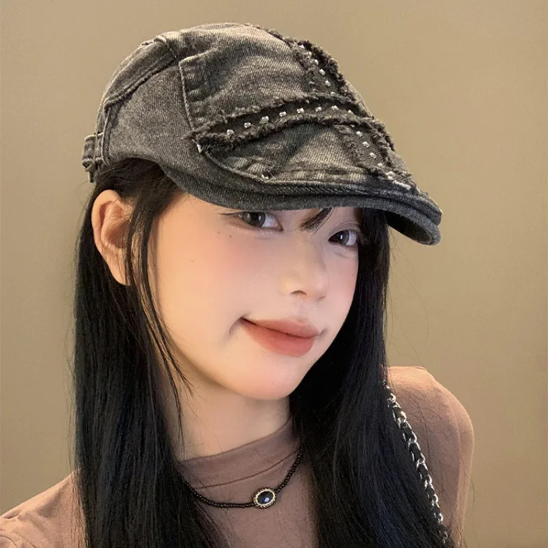 American Rivet Black Forward Hats for Women and Men Summer Casual Versatile Street Trend Retro Washed Denim Berets Y2k 250604