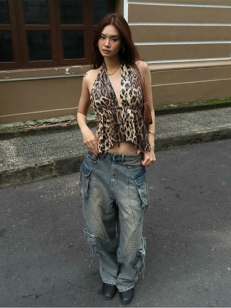 Weird Puss Leopard Sequins Women Vest Y2K Backless Halter VNeck LaceUp Sleeveless Street Skinny Wild Summer Trend Tank Tops 250614