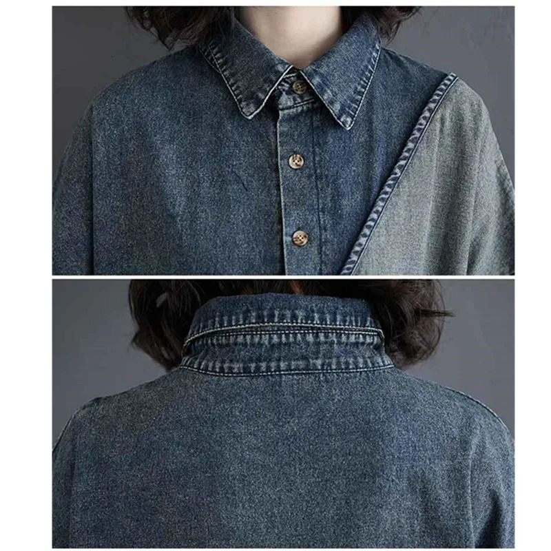 VWBQNZ Oversized Short Sleeve Denim Dress 2025 Summer Fashion Loose Vintage Splice Denim Dress Women Casual Clothing 250609