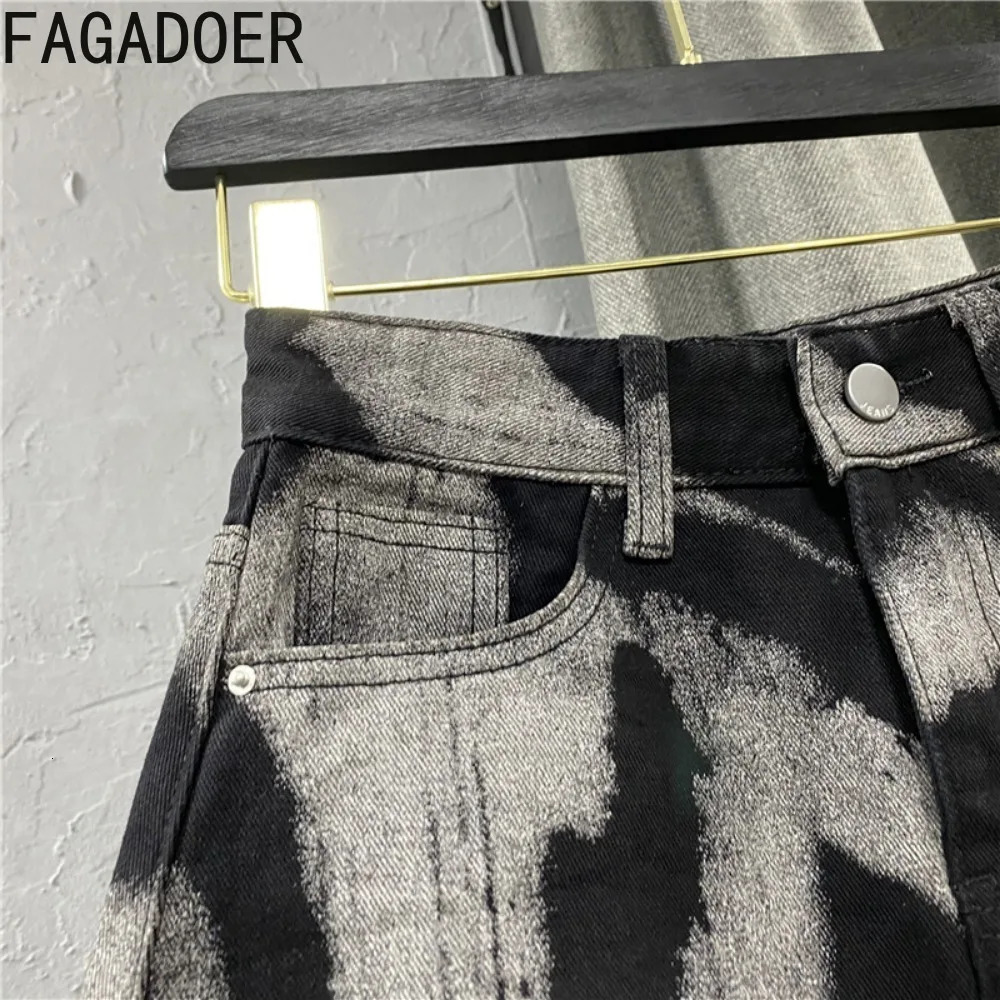 FAGADOER Gray Tie Dye Printing Fashion Denim Mini Skirts Women High Waist Button Pocket Aline Jean Sexy Y2K Streetwear 250612