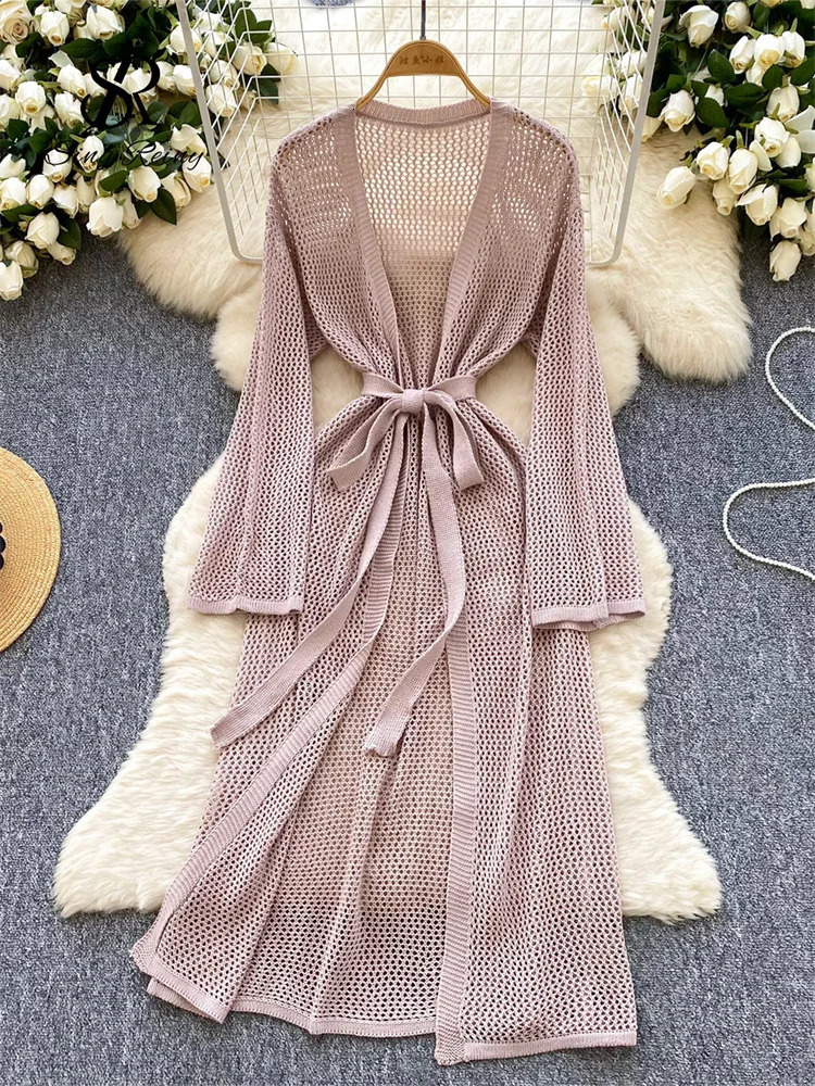 SINGREINY Women Fashion Beach Long Cardigans Summer Sleeves Solid Sashes Streetwear Ins Hollow Out Casual Outerwear 250612