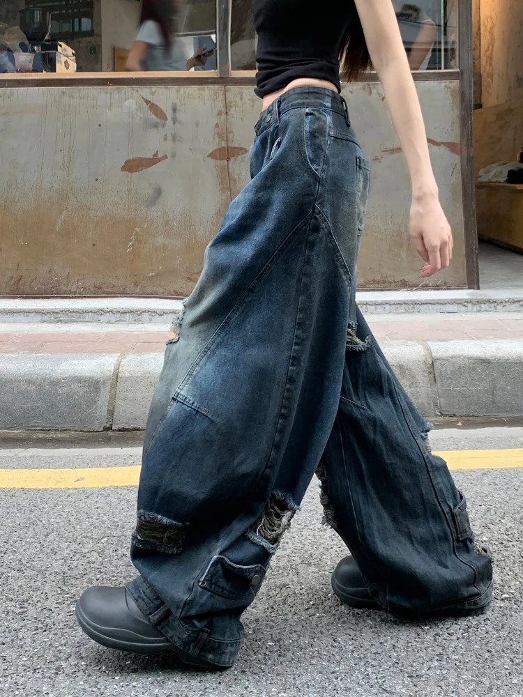 Y2K Clothing Grunge Dirty Washed Blue Old Baggy Stacked Ripped Jeans Pants For Women Wide Leg Punk Lady Denim Trousers 250612