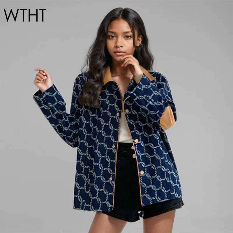 Trendy Women's Knit Print Patchwork Leather Denim Coat Autumn Fashion Lapel Long Sleeves Jacket Female 1LS128