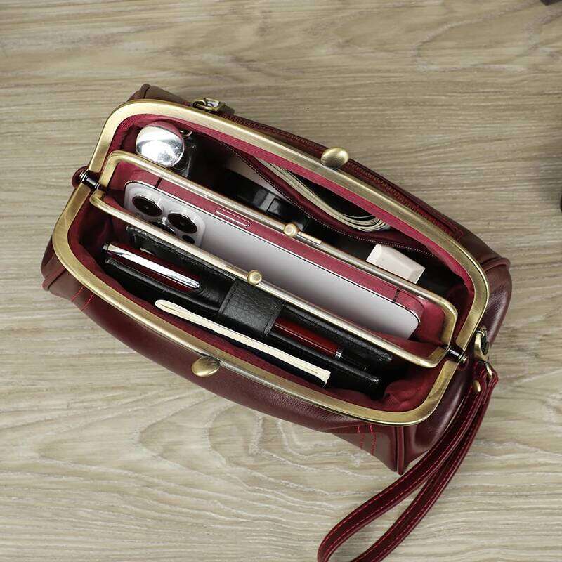 Genuine Leather Women Clutch Kiss Lock Design Female Purse Handbag Large Capacity Long Wallet Bag Phone Pocket
