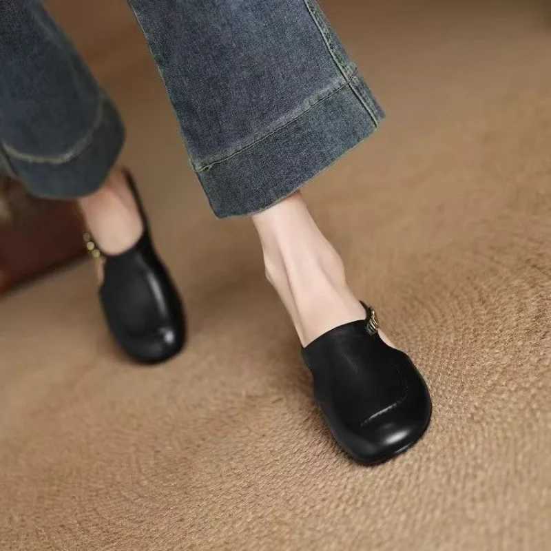 Womens Stylish Genuine Leather Mule Loafers with Metal Buckle Low Heel Slip Flats Casual Driving Shoes XJ250614