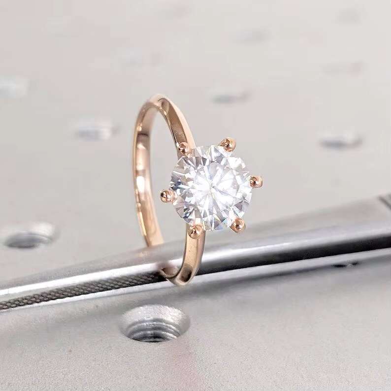 FOXI 6 Prong Round 14k Solid Rose Gold Engagement Ring 1.5 CT Moissanite Engagement Ring Solitaire Moissanite Diamond Ring