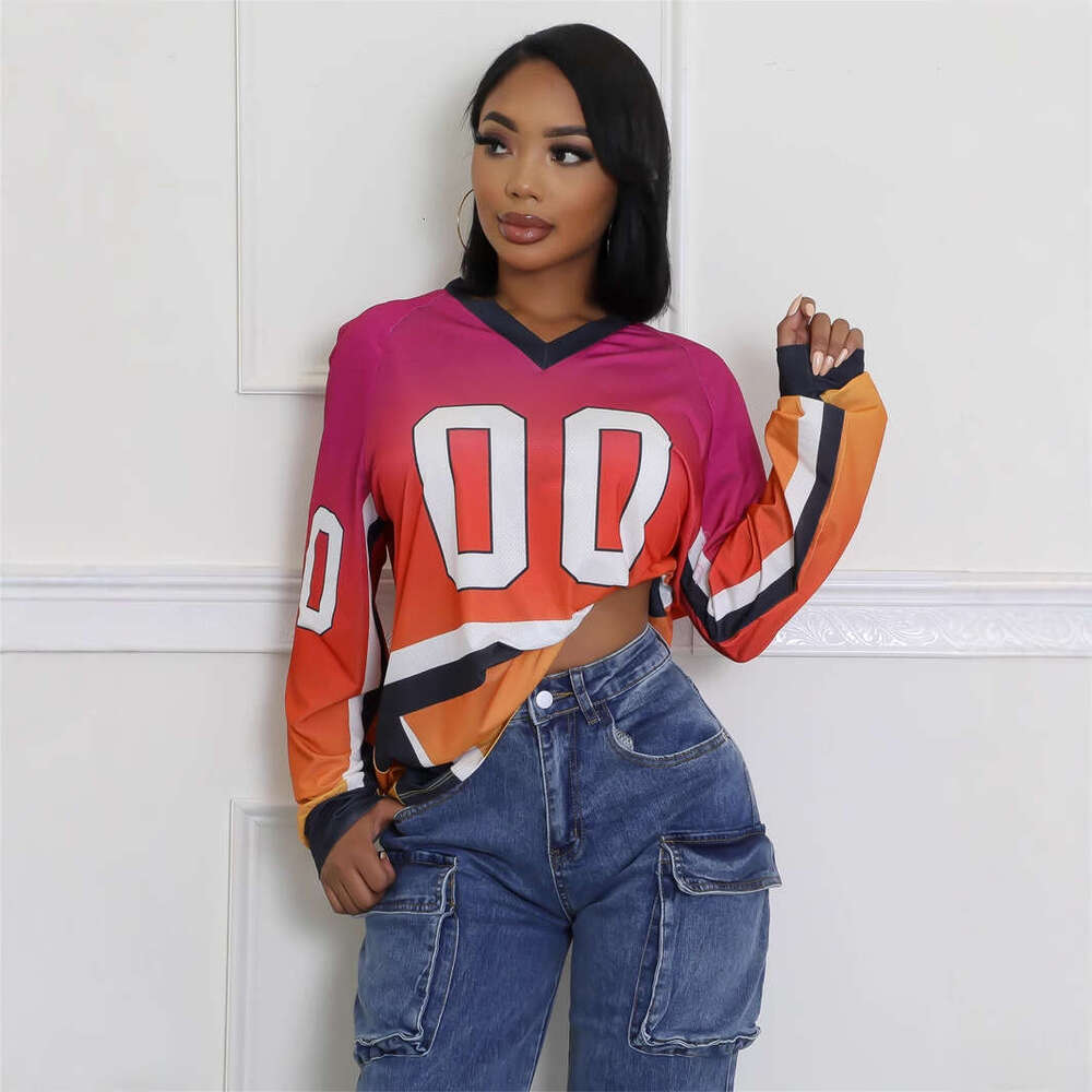Autumn New Color-Block Fashion Print Loose Casual Sports Style Long Sleeve V-Neck Sweatshirt B5