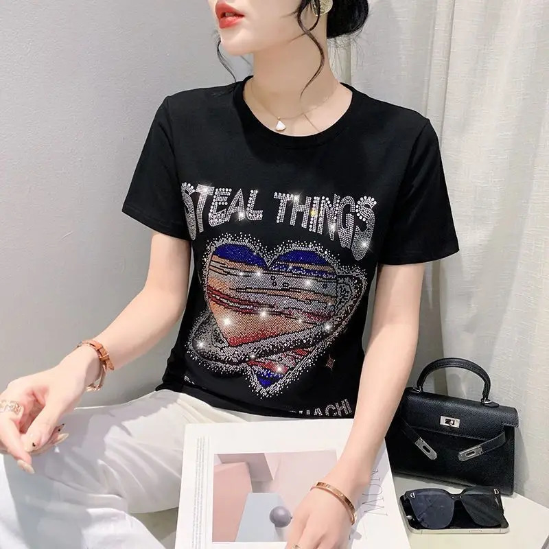 Lovely Ironing Diamond Pure Cotton Short-sleeved T-shirt for Womens Summer Loose Slim and Fashionable Top 250609