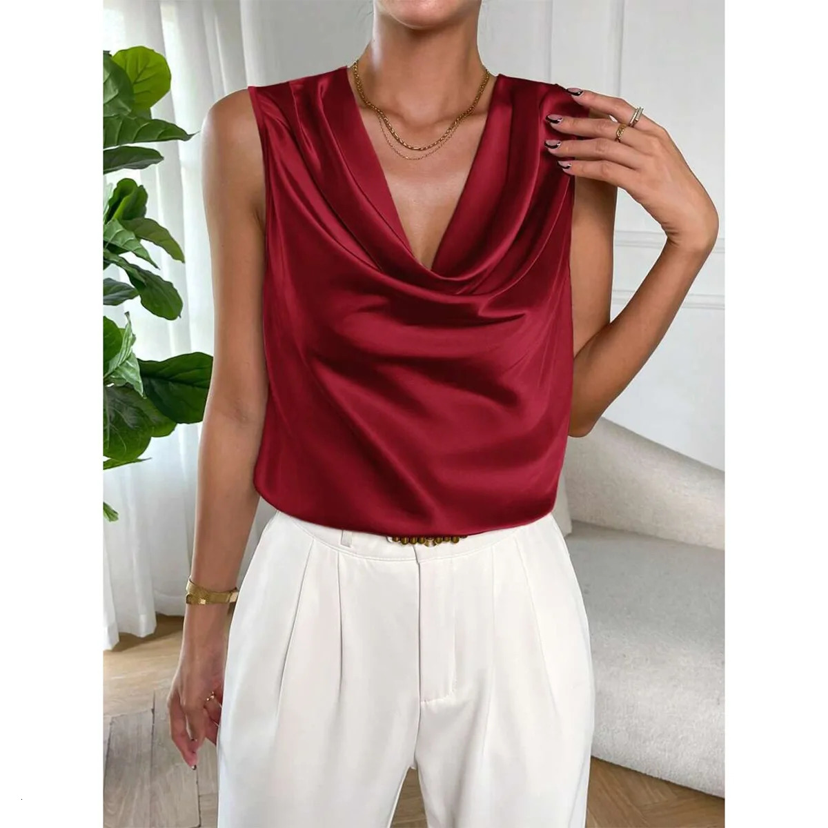 Womens Satin Sleeveless Top VDraped Neckline ShirtStyle Blouse with Cascading Ruffles Elegant silk tank top sleeveless 250611