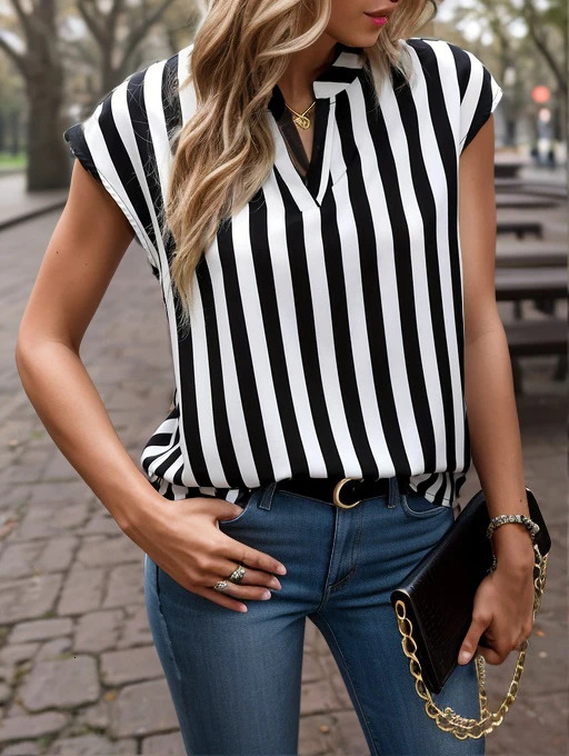 Summer Black and White Striped Printed Bat Sleeve Top Loose Casual VNeck Shirt 250614