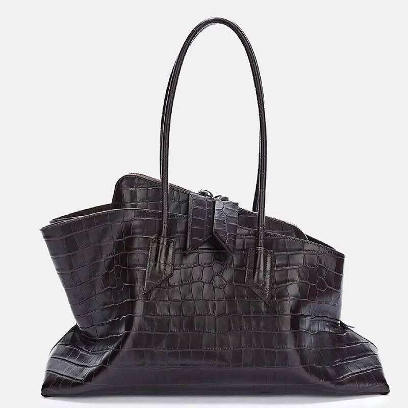 Retro Crocodile Pattern Large Capacity Tote Design Women's Pleated Pu Leather Shoulder Female Daily Commuter Bag 2025