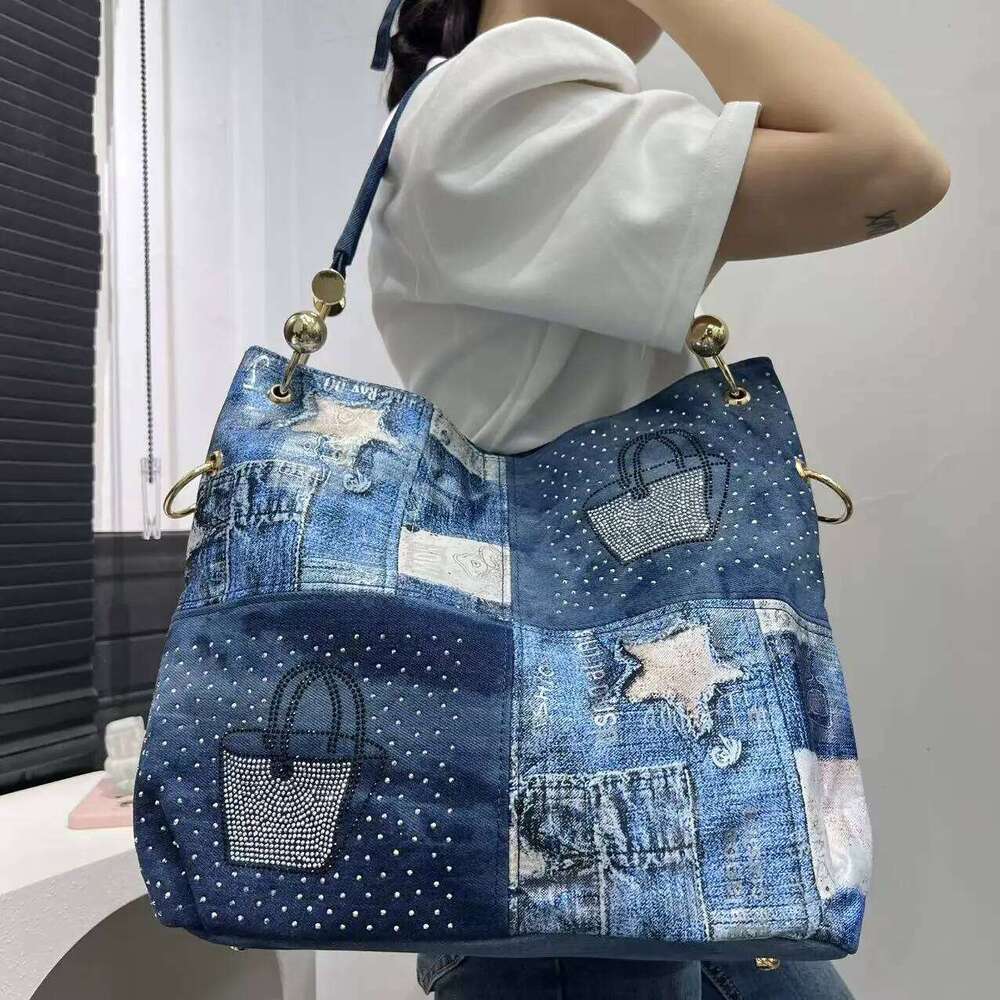 Ladies' Fashion Gradient Wash Damaged Handbag Large Capacity Splicing Dia Jewelry Tote Bag