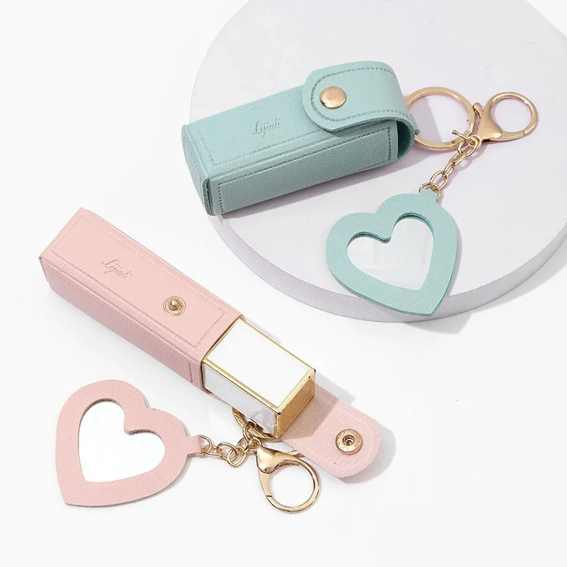 Portable Leather Lipstick Bag Makeup Pouch Lip Balm Keychain Holder Lipsticks Protective Cover With Mirror 250614