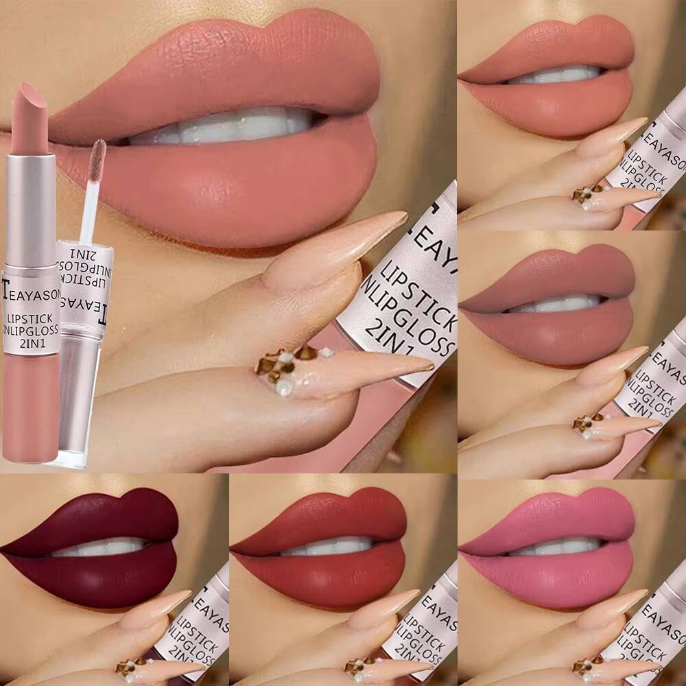 Dual-Ended Matte Lip Gloss Non-Stick Cup 2-in-1 Velvet Finish Lipstick Long-Lasting Smudge-Proof Nude Pink Lips Korean Makeup happy
