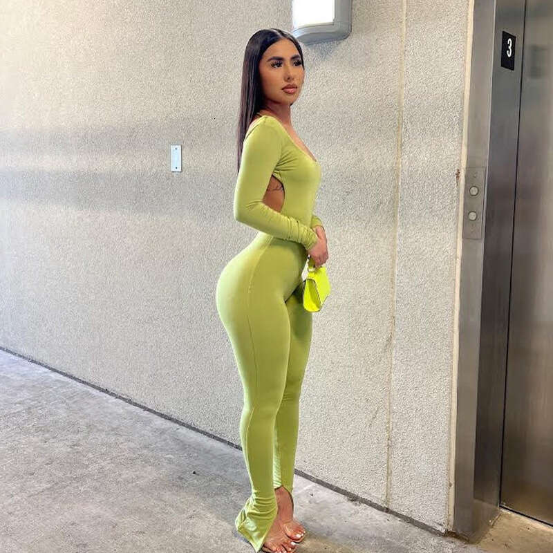 Summer New Women's Solid Color Slim Fit Stretch Long Sleeve Sexy Backless Hot Selling Jumpsuit B5