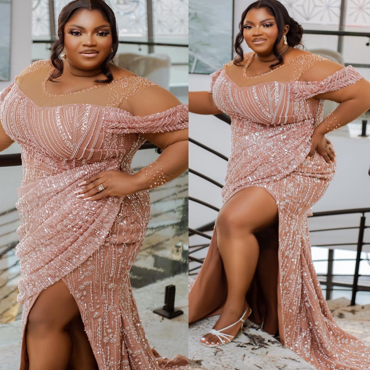 Champagne Mermaid Prom Dresses 2025 Illusion Beaded High Split Evening Formal Party Second Birthday Engagement Gowns Plus Size Dress For Special Occas