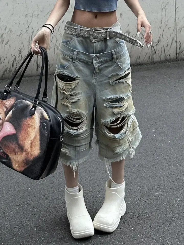 American Double Belt Washing Hole Old Cloth n Workwear Denim Cropped Pants Women Street Straight Loose Wideleg 250612