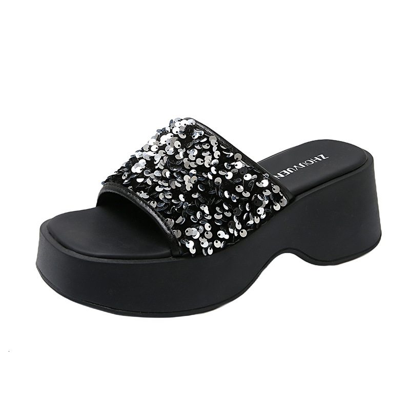 Ddmyoutdoor Women S Outdoor Slip On Summer New Korean Style Wedge Thick Soled Platform Sandals Square Toe Sequin High Heels Outdoor Shoes