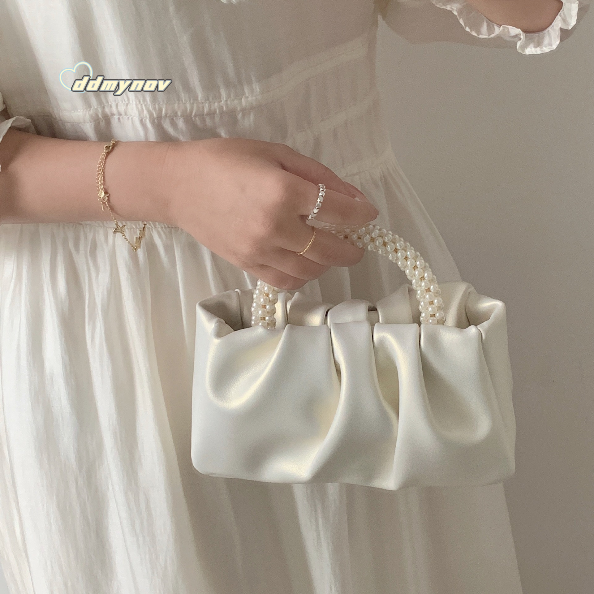 for Women 2024 New Trendy Fashion Round Pearl Handheld Pleated Cloud Niche Elegant Shoulder Crossbody Bag ddmynov
