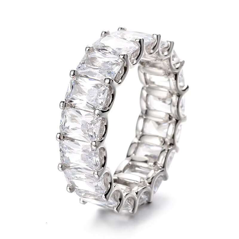 Factory Classic Fine Jewelry Rhodium Plated S925 Sterling Silver Radiant Cut Moissanite Eternity Band Ring for Women Engagement