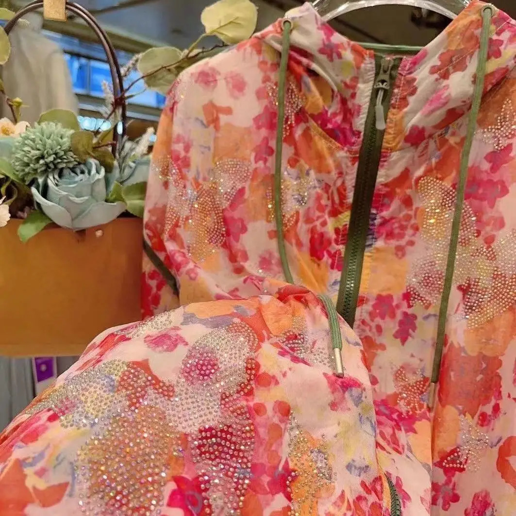 Sparkle Rhinestones Jackets Women Hooded Summer Sunproof Zipper Coats Thin Loose Outerwear Breathable Lightweight Clothes 250611