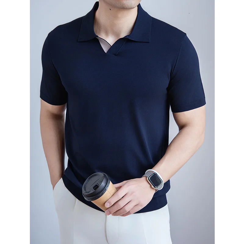 Summer Casual Polo Shirt Mens Vneck Solid Color Thin Knitted ShortSleeved Tshirt Korean Lapel Breathable Tshirt 250612