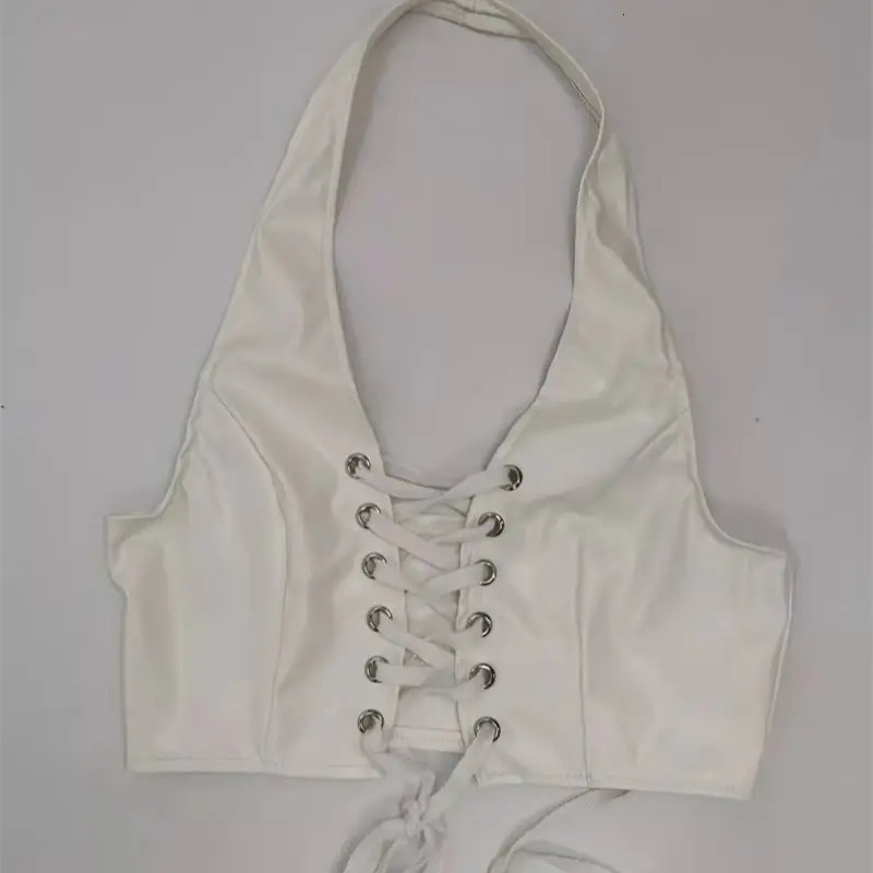 Vsstiar Fashion Leather PU Women Vest Sexy V Neck Backless Halter Crop Top Summer Lace Up Party Clubwear Tanks Black White 250611