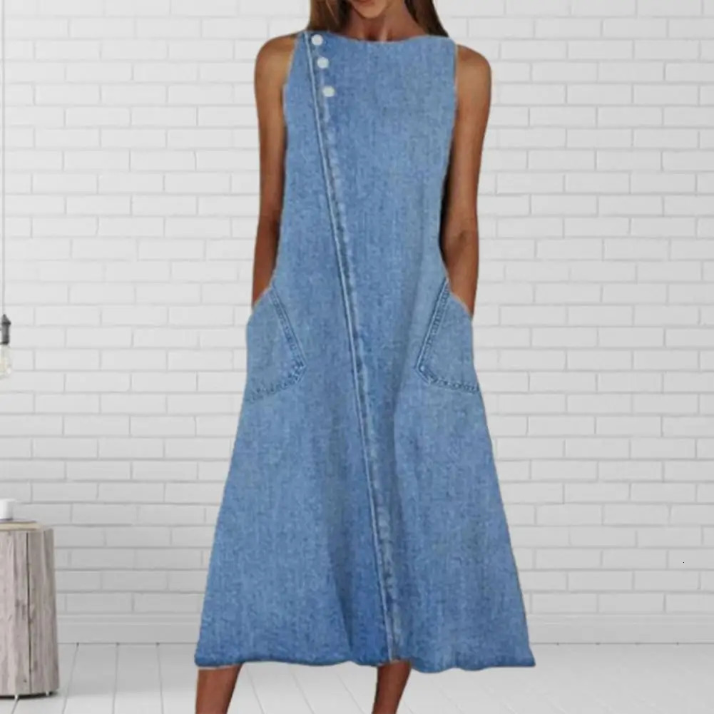 Loose Denim Dress Women Vintage Sleeveless Pockets Solid Color Summer Dress Midi Streetwear 250609