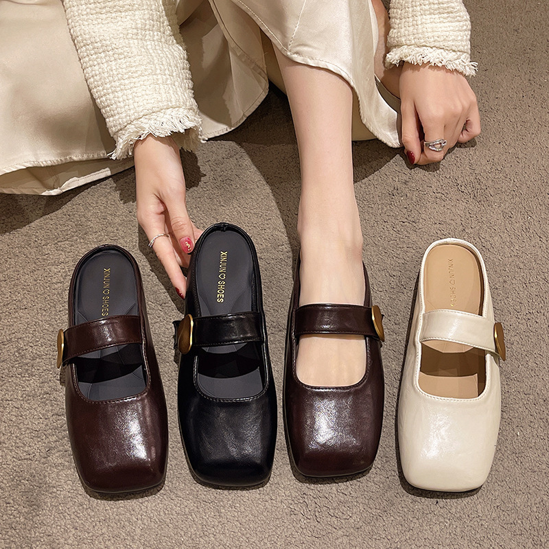 Ddmyoutdoor Soft Leather Outdoor Closed Toe For Women Spring New Versatile Flat Square Lazy Slip On Half Slippers Outdoor Shoes