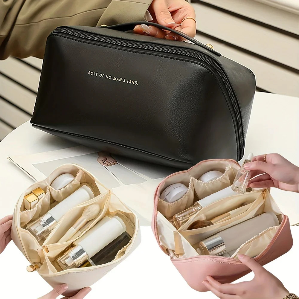 1PC Large Capacity Waterproof Makeup Zipper Pouch Portable Toiletry Wash Bag with Divider Handle and Organizer Function 250614