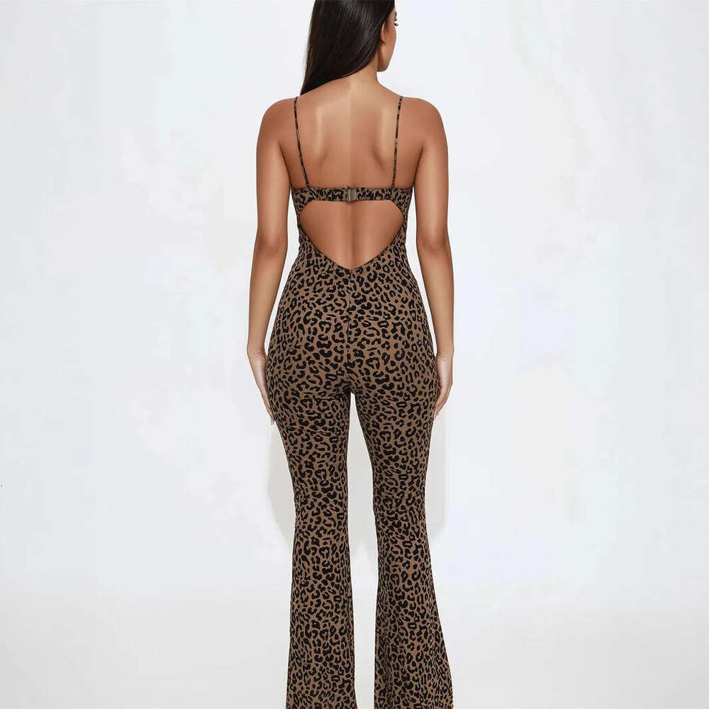 Women's Sleeveless Leopard Print Backless Slim Fit Strap Tube Top High Waist Hip-Lifting Jumpsuit B5