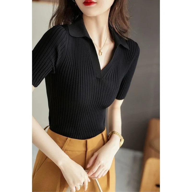 Womens Polo Shirts Slim Knitted Female Tee Plain T-shirts Korean Style Aesthetic Pulovers Casual Tops Short Sleeve 250609