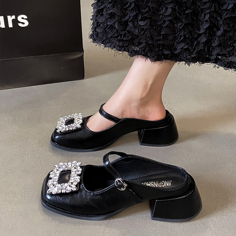 Ddmyoutdoor Rhinestone Square Buckle Peep Toe Mules For Women Summer New Fashion Chunky Heel Silver Super Popular Mary Jane Shoes Outdoor Shoes