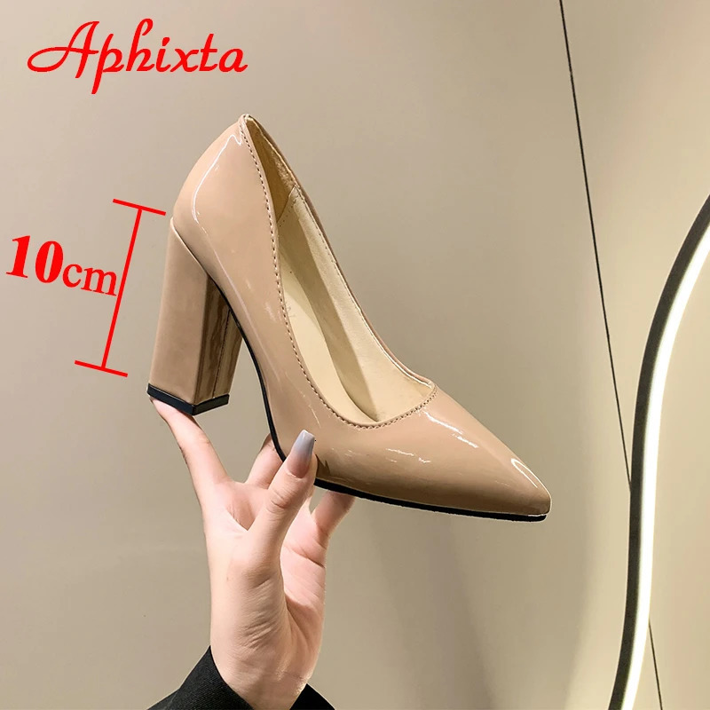 Aphixta 2025 10cm Square Heels Pumps Women Shoes Patent Leather Sexy Wedding Party Official Leisure Super Big Szie 31-50 250613