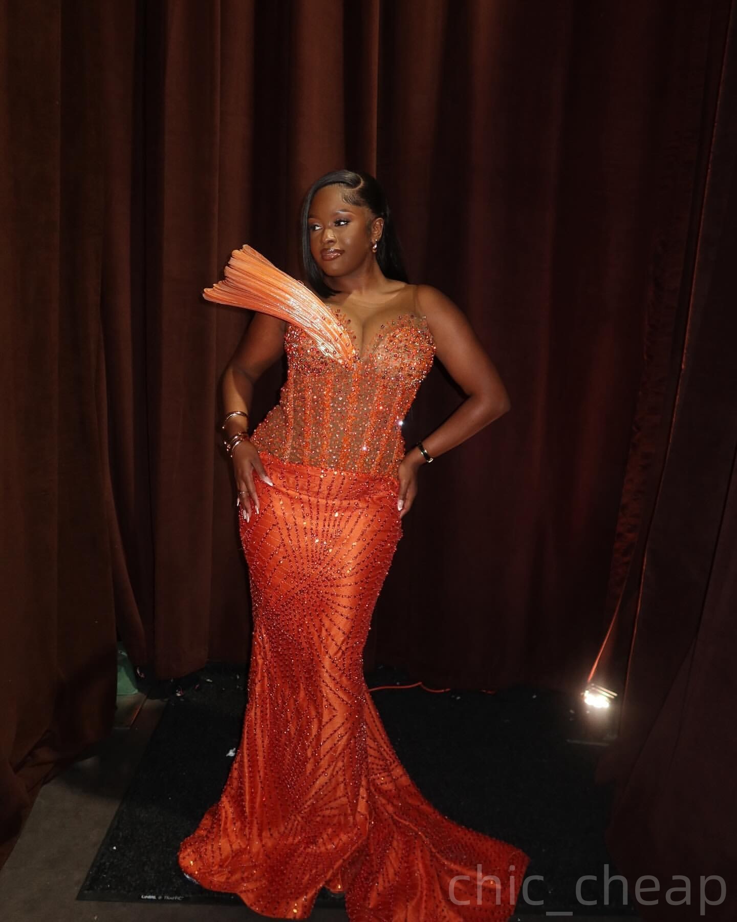 Orange Mermaid Prom Dresses 2025 Beaded Sheer Neck Sequined Evening Formal Party Second Birthday Engagement Gowns Plus Size Dress For Special Occasion