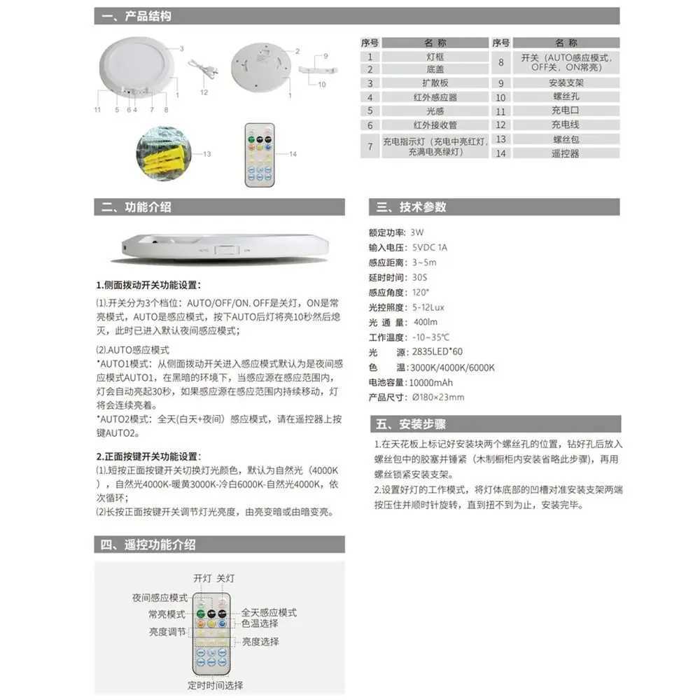Practical Round Motion Sensor Lights Wireless induction 3 Color Ceiling Light Dimmable Motion Activated LED Closet Lamp Garage XJ2500613
