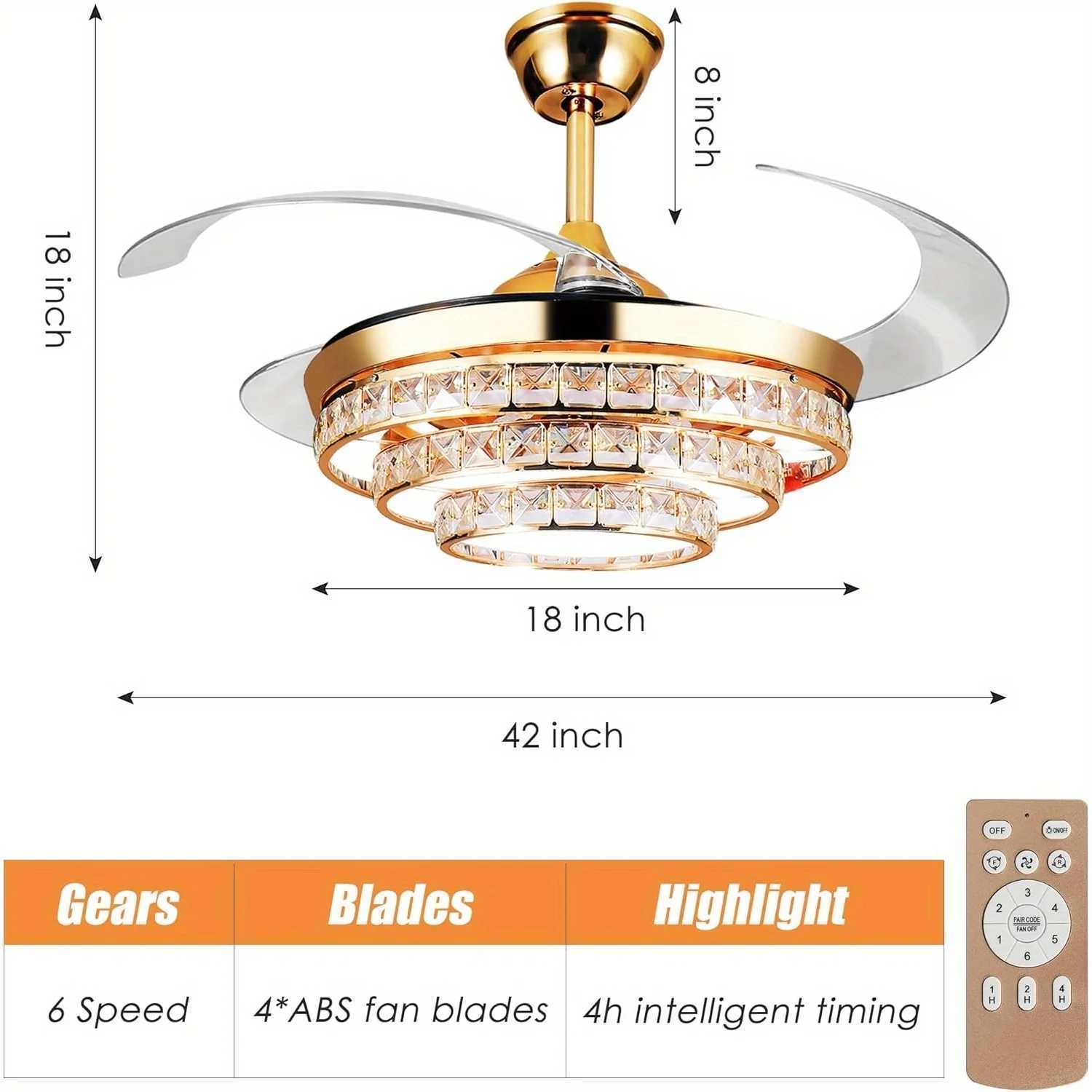42 Gold Crystal Ceiling Fans with Lights Modern Ceiling Fan Lights 4-Blade Retractable LED Crystal Chandelier Fan Light W250613