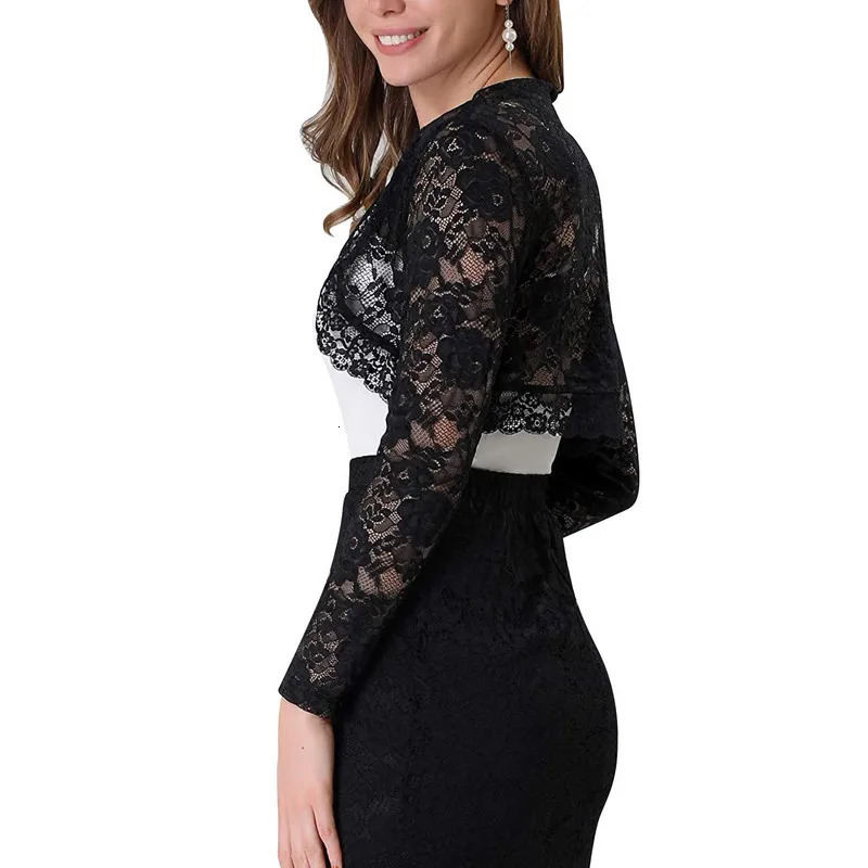 Women Floral Lace Cardigan Jacket Adults Seethrough Scalloped Long Sleeve Crop Tops Elegant Clothes Spring Fall 250611