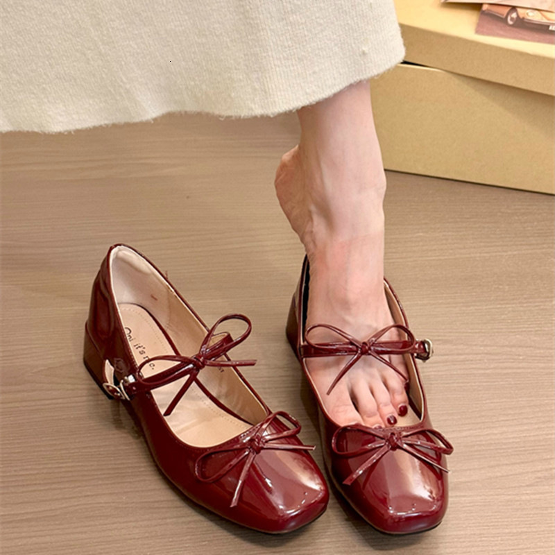Ddmyoutdoor French Bowknot Square Toe Mary Jane For Women Spring New Style To Match Dresses Evening Single Chunky Heel Small Leather Shoes Outdoor Sho