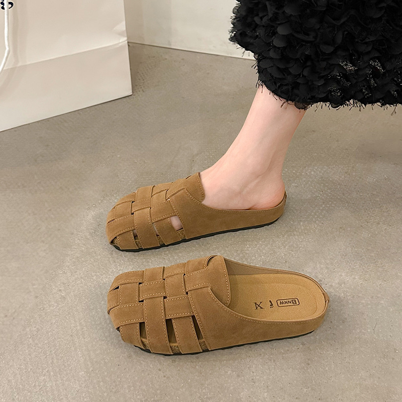 Ddmyoutdoor Ddmyoutdoor Soft Leather Closed Toe Slippers For Women Outdoor Wear Summer Flat Breathable Woven Sandals Lazy Slip On Mules Trendy Shoes O