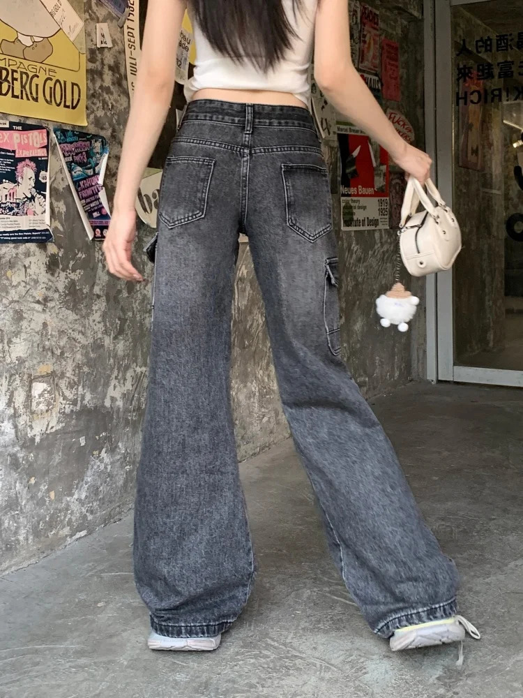 Cyber Y2K Streetwear Vintage Black Grey Baggy Flared Cargo Jeans Pants For Women Clothing Kpop Casual Lady Cotton Trousers 250612
